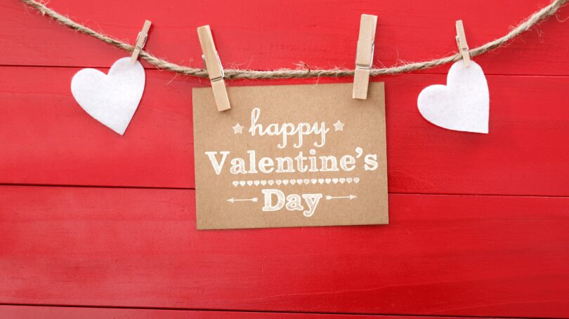 Happy Valentines Day Card Hanging On Clothes Pin