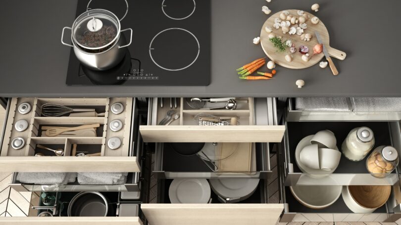 Organized Kitchen Beige Grey Concept Interior Design Utensils Plates Home