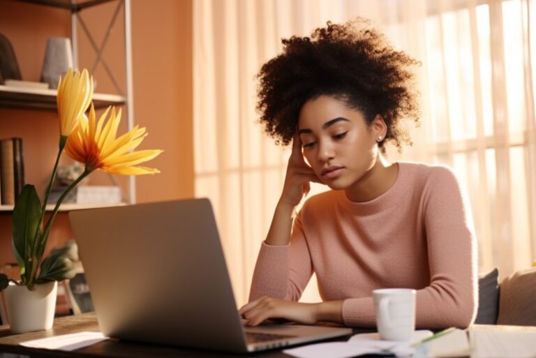 Woman On Computer Thinking